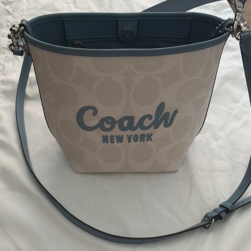 Coach Cream and Blue Shoulder Bag with Signature Monogram